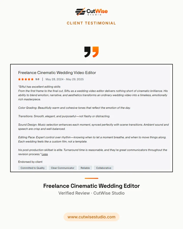 Freelance cinematic wedding editor review